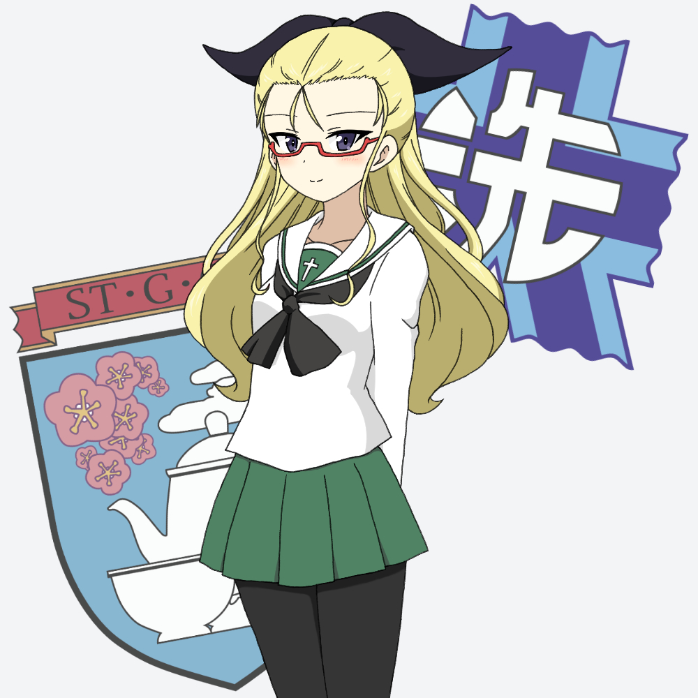 1girl alternate_costume arms_behind_back assam bespectacled black_legwear black_neckwear black_ribbon blonde_hair blouse blue_eyes closed_mouth commentary cowboy_shot emblem girls_und_panzer glasses green_skirt grey_background hair_pulled_back hair_ribbon ichinose_jun light_blush long_hair long_sleeves looking_at_viewer miniskirt neckerchief ooarai_(emblem) ooarai_school_uniform pantyhose pleated_skirt red-framed_eyewear ribbon school_uniform semi-rimless_eyewear serafuku simple_background skirt smile solo st._gloriana's_(emblem) standing under-rim_eyewear white_blouse