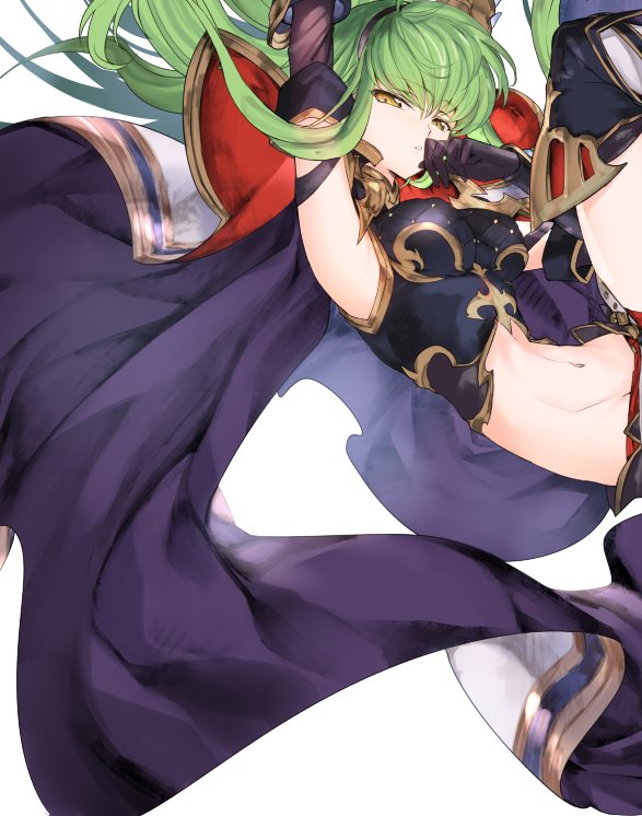 1girl arm_up armpits c.c. cape code_geass cosplay creayus elbow_gloves gloves granblue_fantasy green_hair groin long_hair looking_at_viewer midriff navel short_shorts shorts simple_background solo song_(granblue_fantasy) song_(granblue_fantasy)_(cosplay) thigh-highs white_background yellow_eyes