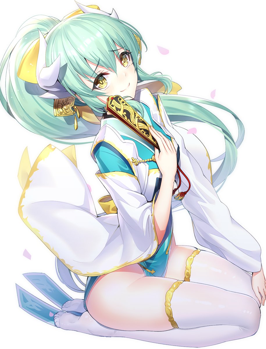 1girl bangs blush bow closed_fan closed_mouth commentary_request dragon_horns eyebrows_visible_through_hair fan fate/grand_order fate_(series) folding_fan full_body green_hair green_kimono hair_between_eyes hair_bow hand_up high_ponytail highres holding holding_fan horns japanese_clothes kimono kiyohime_(fate/grand_order) long_hair long_sleeves looking_at_viewer no_shoes petals ponytail ririko_(zhuoyandesailaer) seiza simple_background sitting smile soles solo thigh-highs very_long_hair white_background white_legwear wide_sleeves yellow_bow yellow_eyes
