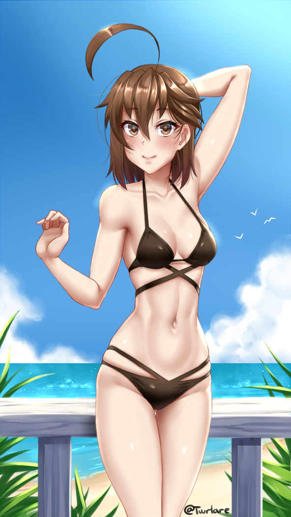 1girl ahoge andou_natsuki arm_behind_head arm_up artist_name bare_shoulders beach bikini black_bikini blue_sky blush breasts brown_eyes brown_hair clouds collarbone day eyebrows_visible_through_hair huge_ahoge kitakubu_katsudou_kiroku looking_at_viewer medium_hair navel outdoors plant railing sky small_breasts smile solo stomach swimsuit thigh_gap twitter_username twrlare water