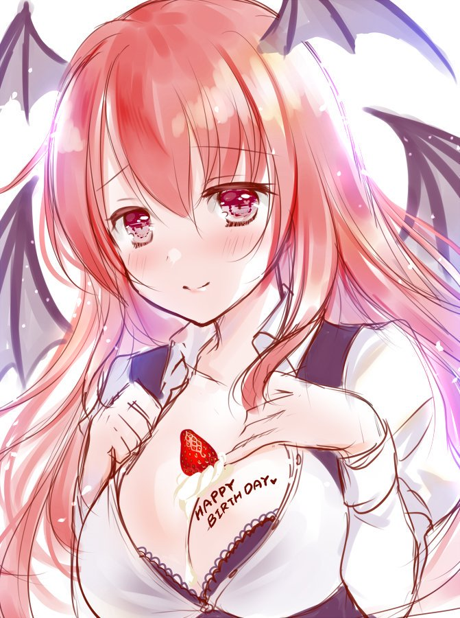 1girl bangs black_bra black_vest blush bra collarbone commentary_request demon_wings eyebrows_visible_through_hair food fruit hair_between_eyes hands_on_own_chest happy_birthday head_wings juliet_sleeves koakuma long_hair long_sleeves looking_at_viewer natsuki_(ukiwakudasai) puffy_sleeves red_eyes redhead shirt simple_background sketch smile solo strawberry touhou underwear upper_body vest whipped_cream white_background white_shirt wing_collar wings