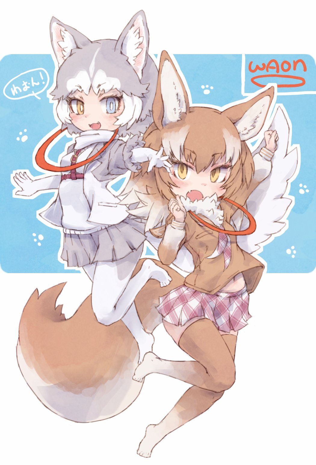 2girls :3 animal_ear_fluff animal_ears blue_eyes blush commentary_request dog_(mixed_breed)_(kemono_friends) dog_ears dog_tail elbow_gloves eyebrows_visible_through_hair fang fangs full_body fur_collar gloves grey_hair harness heterochromia highres jacket japanese_wolf_(kemono_friends) jumping kemono_friends kolshica light_brown_hair long_hair long_sleeves looking_at_another midriff_peek multicolored_hair multiple_girls navel necktie no_shoes open_mouth pantyhose plaid plaid_neckwear plaid_skirt pleated_skirt scarf short_hair short_sleeves skirt tail thigh-highs vest white_hair wolf_ears wolf_tail yellow_eyes zettai_ryouiki