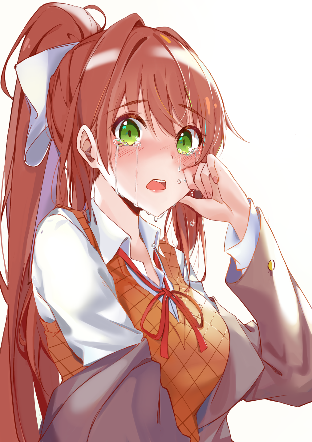 1girl bangs blush brown_hair commentary crying crying_with_eyes_open doki_doki_literature_club english_commentary eyebrows_visible_through_hair green_eyes grey_jacket hair_ribbon highres jacket long_hair long_sleeves looking_at_viewer monika_(doki_doki_literature_club) open_mouth orange_vest ponytail ribbon school_uniform shirt simple_background solo tears upper_body white_background white_ribbon white_shirt wing_collar xhunzei