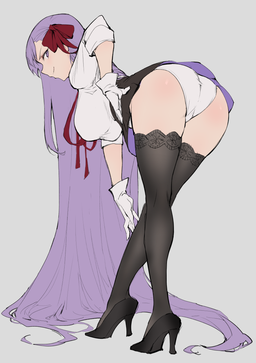 1girl absurdly_long_hair bb_(fate)_(all) bb_(fate/extra_ccc) bent_over black_legwear breasts fate/extra fate/extra_ccc fate_(series) from_behind full_body gloves grey_background hair_ribbon hanging_breasts haoni high-waist_skirt high_heels highres large_breasts long_hair looking_back microskirt panties profile purple_hair ribbon simple_background skirt smile solo standing thigh-highs underwear very_long_hair violet_eyes white_gloves white_panties