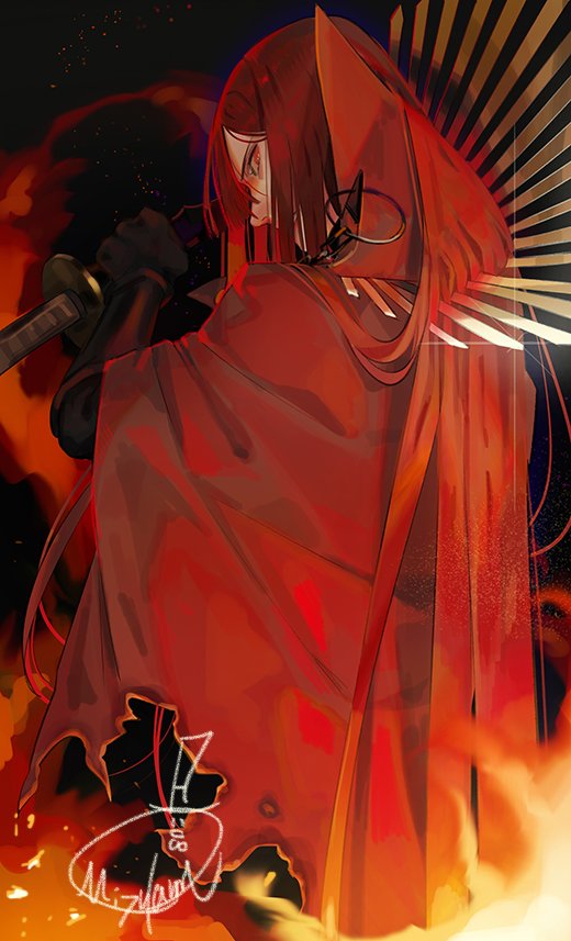 1girl cape fate/grand_order fate_(series) fire from_behind katana long_hair looking_back mizutame_tori oda_nobunaga_(fate) oda_nobunaga_(maou_avenger)_(fate) red_eyes redhead signature sword very_long_hair weapon