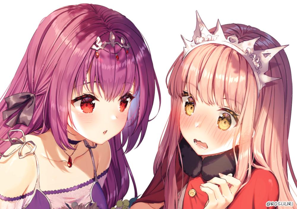 2girls alternate_costume artist_name bangs black_ribbon blunt_bangs blush buttons choker collarbone dress fate/grand_order fate_(series) fur_collar headpiece jewelry long_hair looking_at_another medb_(fate)_(all) medb_(fate/grand_order) multiple_girls necklace pink_hair purple_dress purple_hair red_eyes ribbon rosuuri scathach_(fate)_(all) scathach_skadi_(fate/grand_order) sidelocks simple_background tiara upper_body wavy_mouth white_background yellow_eyes