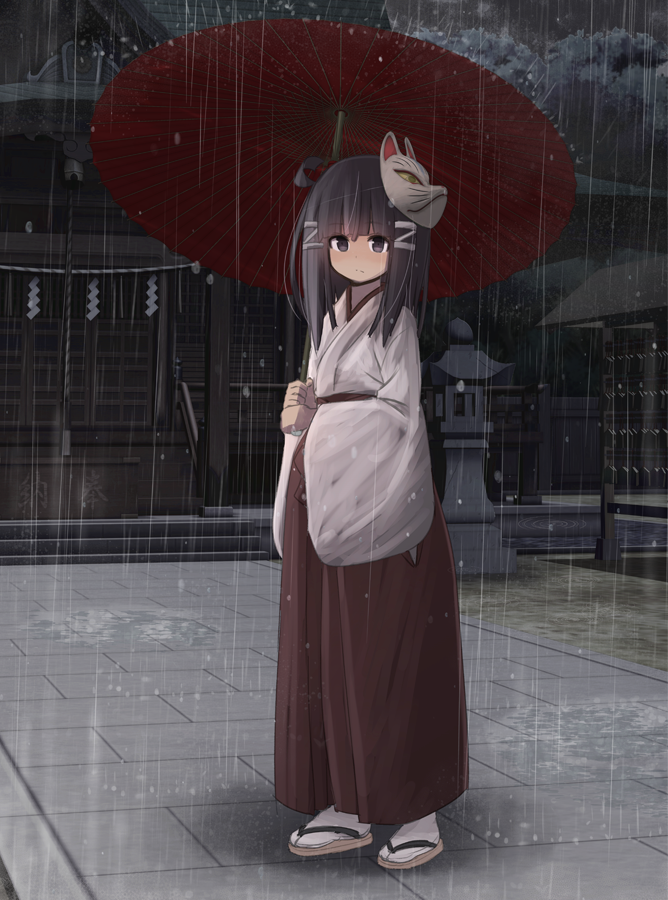 1girl ahoge black_eyes black_hair brown_eyes brown_hair chinchin_kemokemo fox_mask fujisaki_yuu hair_ornament hakama holding holding_umbrella japanese_clothes mask mask_on_head miko rain red_hakama red_umbrella shrine standing stone_lantern tabi tree umbrella wide_sleeves