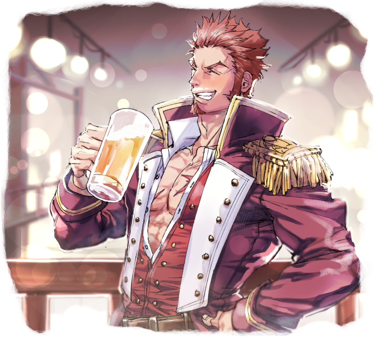 1boy abs beard beer_mug belt blush brown_hair chest cup epaulettes facial_hair fate/grand_order fate_(series) hamitamako hand_on_hip holding holding_cup jacket long_sleeves male_focus muscle napoleon_bonaparte_(fate/grand_order) open_clothes open_jacket pectorals scar smile solo teeth uniform