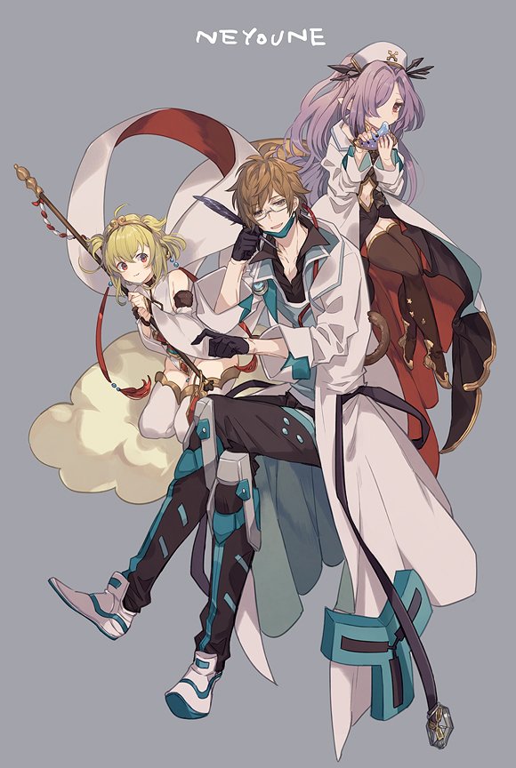 a082 andira_(granblue_fantasy) belt blonde_hair boots brown_eyes brown_hair clouds collared_shirt detached_sleeves doctor_(granblue_fantasy) dress erune glasses gloves gran_(granblue_fantasy) granblue_fantasy harvin hat instrument labcoat nio_(granblue_fantasy) nurse_cap ocarina pen pointy_ears ponytail purple_hair red_eyes shirt sitting smile staff stethoscope surgical_mask thigh-highs thigh_boots twintails violet_eyes