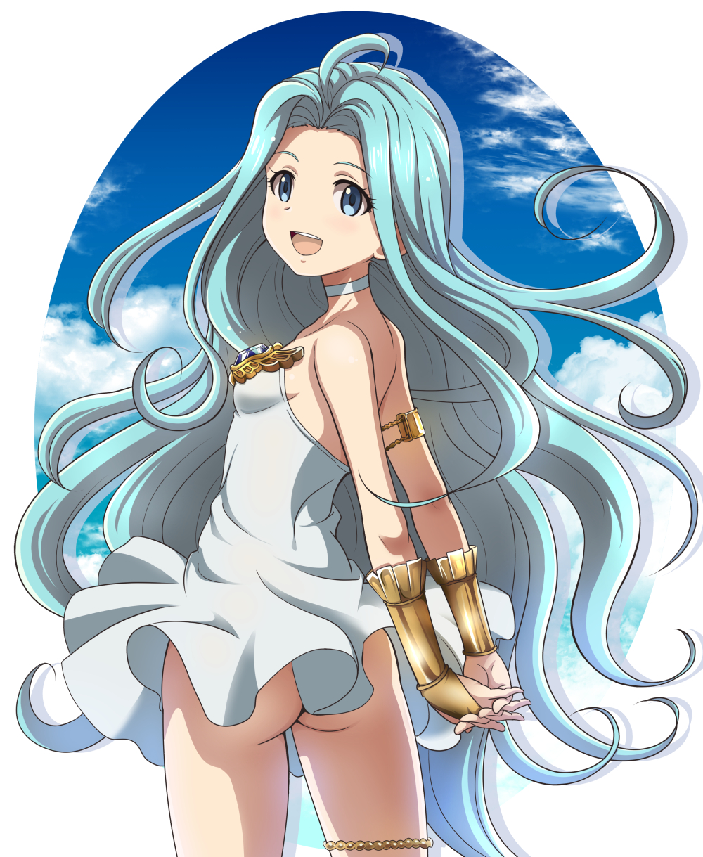 1girl :d ahoge arms_behind_back ass blue_eyes blue_hair breasts bridal_gauntlets choker cowboy_shot dress floating_hair from_behind granblue_fantasy hanzou highres interlocked_fingers long_hair looking_back lyria_(granblue_fantasy) nipples no_panties open_mouth shiny shiny_hair short_dress sleeveless sleeveless_dress small_breasts smile solo standing strapless strapless_dress thighlet very_long_hair white_background white_dress