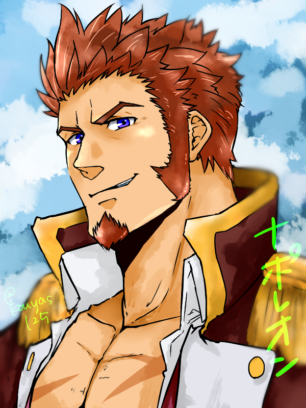 1boy beard blue_eyes brown_hair chest clouds cloudy_sky commentary_request epaulettes facial_hair fate/grand_order fate_(series) jacket kouyas_125 looking_at_viewer male_focus muscle napoleon_bonaparte_(fate/grand_order) open_clothes open_jacket pectorals scar simple_background sky smile solo uniform upper_body