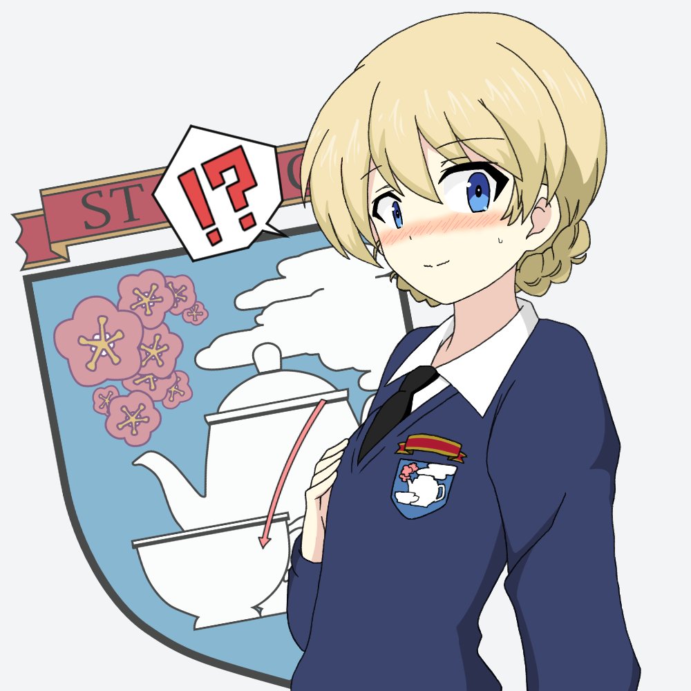 !? 1girl alternate_breast_size bangs black_neckwear blonde_hair blue_eyes blue_sweater blush braid breast_conscious closed_mouth commentary_request darjeeling directional_arrow dress_shirt emblem eyebrows_visible_through_hair flat_chest girls_und_panzer ichinose_jun long_sleeves looking_at_viewer necktie partial_commentary school_uniform shirt short_hair smile solo spoken_interrobang st._gloriana's_(emblem) st._gloriana's_military_uniform st._gloriana's_school_uniform sweatdrop sweater tied_hair twin_braids upper_body v-neck white_shirt wing_collar