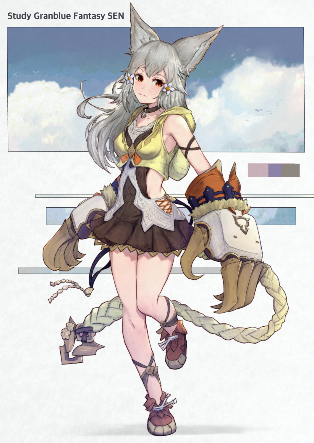 1girl absurdly_long_hair animal_ear_fluff animal_ears bangs bare_shoulders blue_sky braid breasts brown_eyes brown_footwear brown_skirt character_name claw_(weapon) closed_mouth clouds cloudy_sky commentary_request copyright_name day english_commentary erune flower granblue_fantasy grey_hair hair_flower hair_ornament highres hood hood_down hooded_jacket jacket long_hair pleated_skirt sen_(granblue_fantasy) shoes single_braid skirt sky sleeveless_jacket small_breasts smile solo standing standing_on_one_leg uneg very_long_hair weapon white_flower yellow_jacket