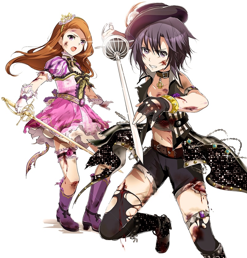 2girls arm_strap belt belt_buckle black_eyes black_gloves black_hair black_headwear black_legwear black_shorts blood blood_on_face boots brown_belt brown_hair bruise bruise_on_face buckle collar diadem fingerless_gloves gloves hat holding holding_sword holding_weapon idolmaster idolmaster_(classic) injury jewelry kaho_(ramb) kikuchi_makoto long_hair midriff minase_iori miniskirt multiple_girls navel necklace open_mouth outstretched_arm pink_skirt purple_footwear rapier shiny shiny_hair short_hair short_shorts shorts simple_background skirt sparkle stomach sword thigh-highs thigh_strap torn_boots torn_clothes torn_legwear very_long_hair weapon white_background white_gloves