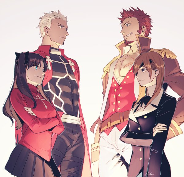 2boys 2girls archer beard black_hair black_legwear black_ribbon blue_eyes breasts brown_hair carnival_phantasm chest collared_shirt dark_skin dark_skinned_male epaulettes eyepatch facial_hair fate/grand_order fate/hollow_ataraxia fate/stay_night fate_(series) green_eyes hair_over_one_eye hair_ribbon hand_on_hip jacket long_hair long_sleeves looking_at_another male_focus multiple_boys multiple_girls muscle napoleon_bonaparte_(fate/grand_order) ophelia_phamrsolone ribbon scar shirt skirt smile tohsaka_rin tokyo_mx toosaka_rin type-moon ufotable uniform upper_body white_background white_hair yume100_asu