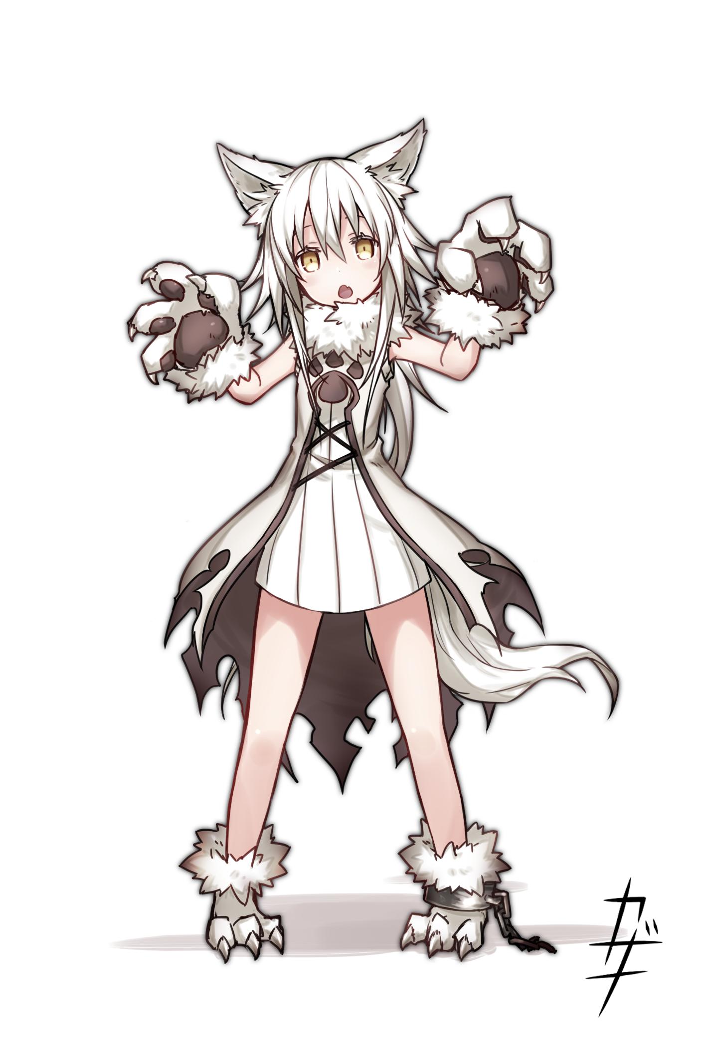 1girl animal_ear_fluff animal_ears bare_legs claw_pose claws dress full_body fur_collar gloves highres kazana_(sakuto) long_hair original paw_gloves paw_shoes paws saku_(kazana) shoes sleeveless_sweater sweater sweater_dress tail white_hair wolf_ears wolf_tail yellow_eyes