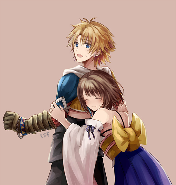 1boy 1girl blonde_hair brown_hair closed_eyes commentary_request detached_sleeves final_fantasy final_fantasy_x gloves hair_ornament hakama japanese_clothes jewelry open_mouth sasanomesi short_hair simple_background smile tidus yuna_(ff10)