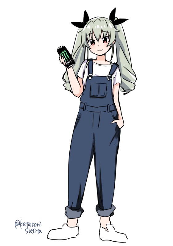 1girl anchovy bangs black_ribbon can casual closed_mouth commentary drill_hair eyebrows_visible_through_hair full_body girls_und_panzer green_hair hair_ribbon hand_in_pocket holding holding_can katakori_sugita long_hair looking_at_viewer monster_energy overalls red_eyes ribbon shirt short_sleeves simple_background smile soda_can solo standing t-shirt twin_drills twintails twitter_username white_background white_footwear white_shirt