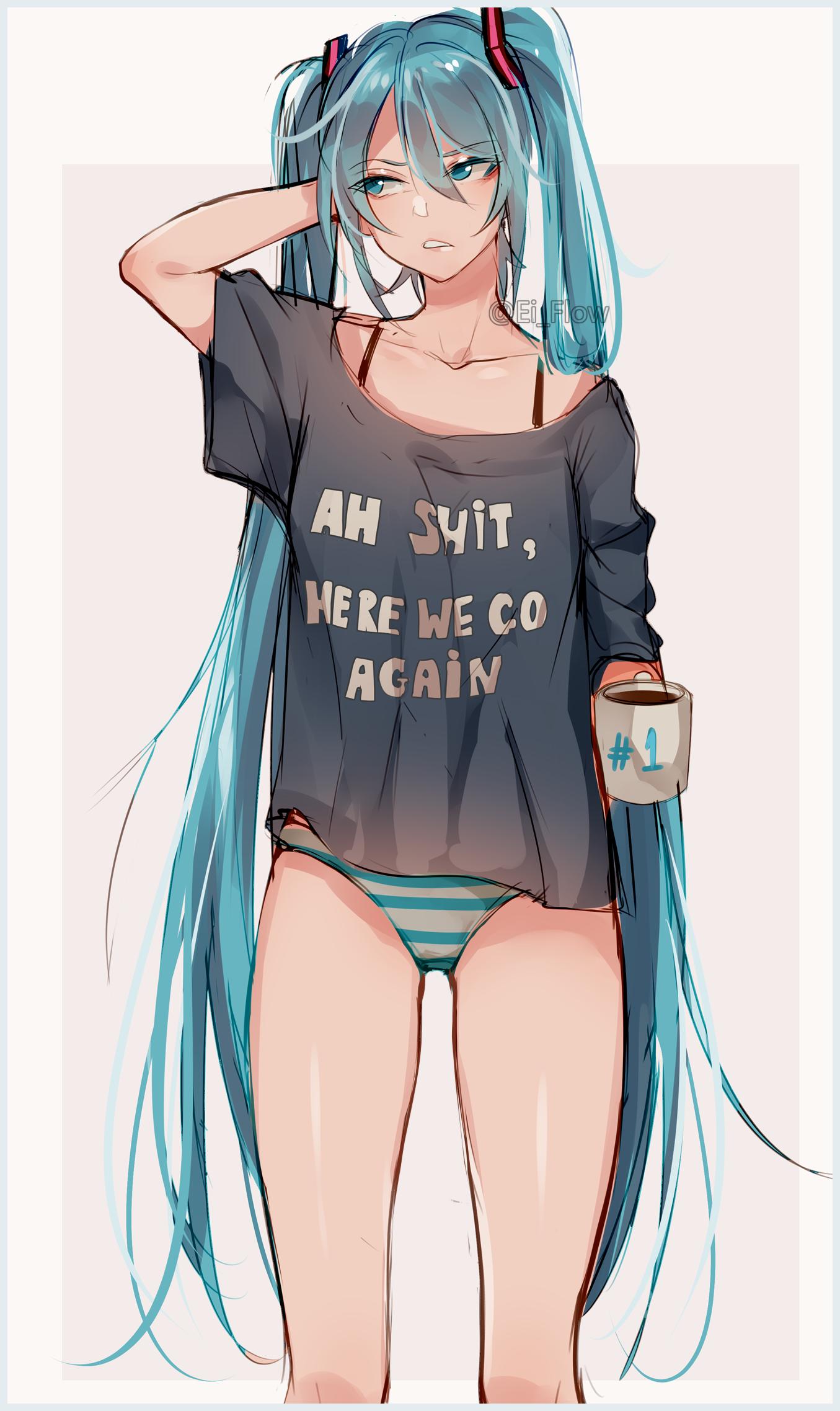 1girl bare_legs beige_background black_shirt blue_eyes blue_hair clothes_writing coffee_mug collarbone commentary cup ei_flow eyebrows_visible_through_hair eyes_visible_through_hair feet_out_of_frame hair_between_eyes hand_on_own_head hatsune_miku highres holding holding_cup long_hair looking_away mug panties parted_lips rectangle shiny shiny_skin shirt simple_background solo standing striped striped_panties thighs twintails twitter_username underwear v-shaped_eyebrows very_long_hair vocaloid white_background white_panties