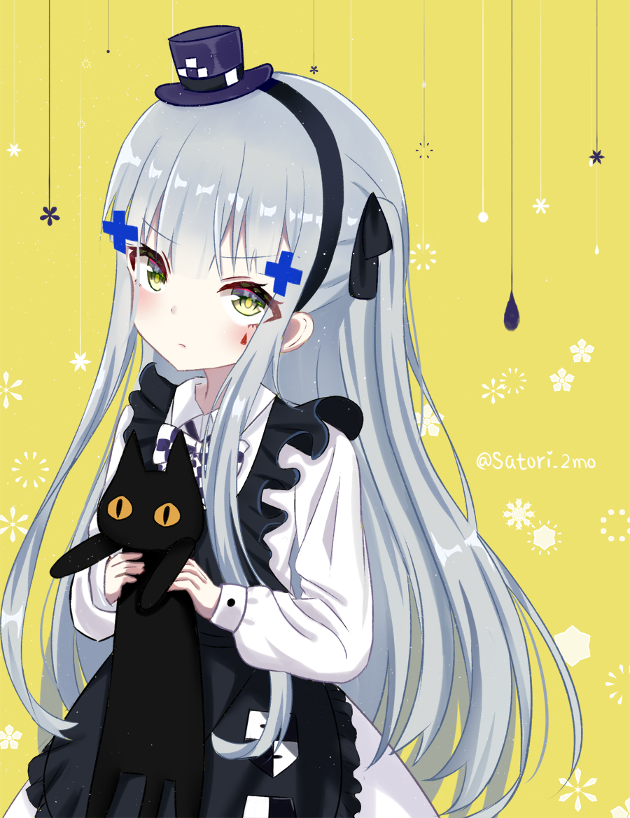 1girl animal apron bangs black_apron black_cat black_hairband blush bow cat checkered checkered_bow collared_shirt commentary_request eyebrows_visible_through_hair facial_mark frilled_apron frills girls_frontline hair_ornament hairband hat hk416_(girls_frontline) holding holding_animal holding_cat long_hair long_sleeves looking_at_viewer mini_hat purple_headwear satori_(ymoy) shirt silver_hair skirt solo tilted_headwear twitter_username very_long_hair white_shirt white_skirt yellow_background yellow_eyes