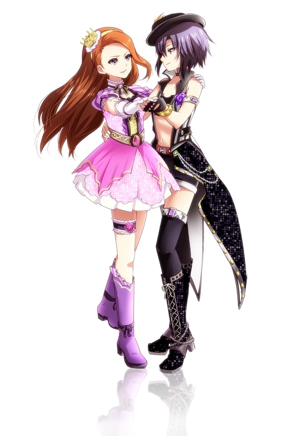 2girls arm_strap black_footwear black_gloves black_hair black_headwear black_legwear black_shorts boots brown_eyes brown_hair closed_mouth collarbone crop_top dancing eye_contact fingerless_gloves full_body gloves hair_ornament hairband hand_on_another's_shoulder hat holding_hands idolmaster idolmaster_(classic) kaho_(ramb) kikuchi_makoto knee_boots long_hair looking_at_another midriff minase_iori miniskirt multiple_girls navel pink_skirt purple_footwear shiny shiny_hair short_hair short_shorts shorts simple_background skirt smile standing stomach thigh-highs thigh_strap very_long_hair white_background white_gloves yellow_hairband zettai_ryouiki