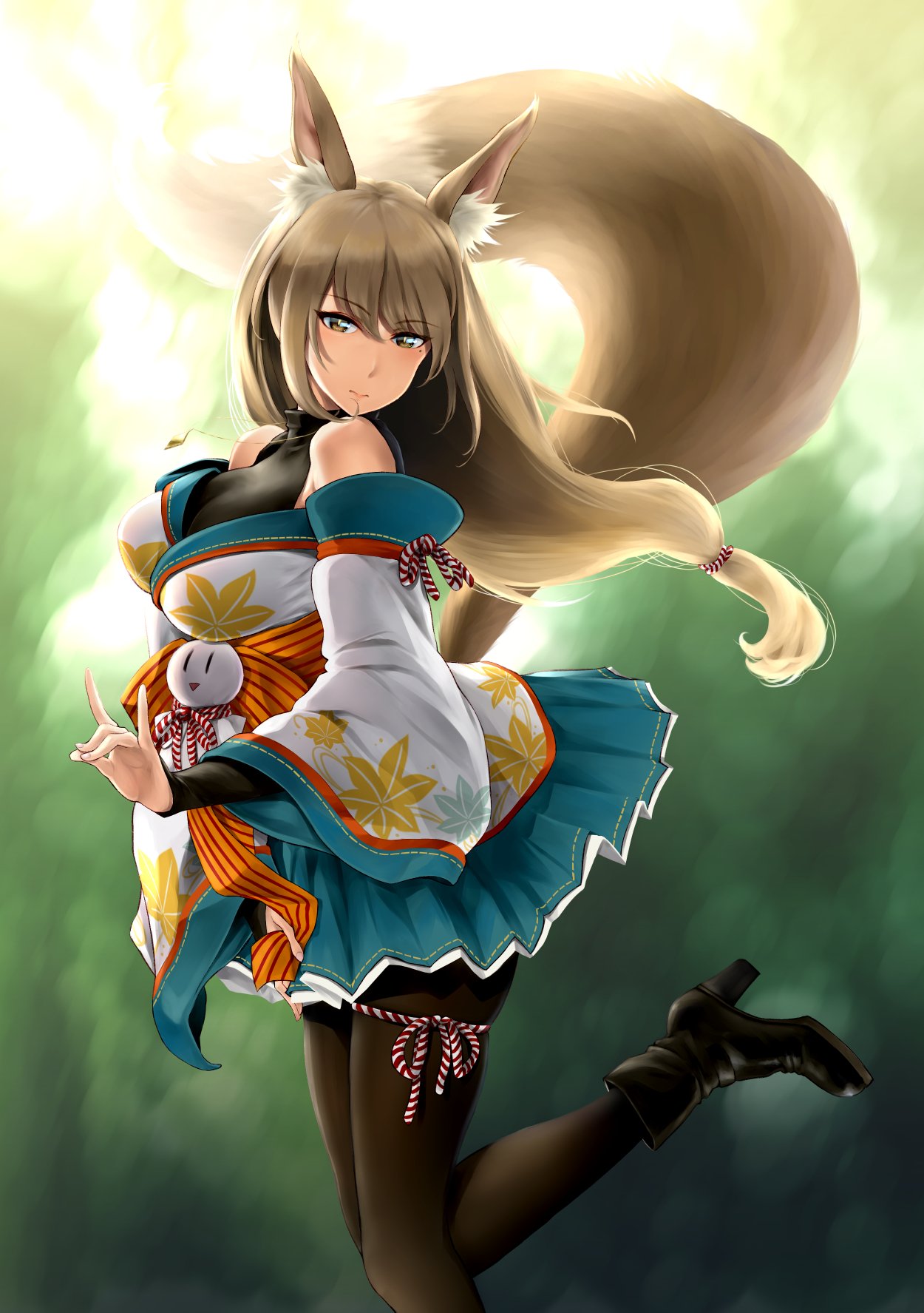 1girl animal_ear_fluff animal_ears breasts brown_eyes brown_hair closed_mouth commentary dress fingers fox_ears fox_girl fox_shadow_puppet fox_tail high_heels highres japanese_clothes jewelry kimono kimono_skirt long_hair looking_at_viewer midair mole mole_under_eye original pantyhose pendant riku_(yochris72) rope shimenawa skirt strapless strapless_dress tail teruterubouzu wa_(genryusui)