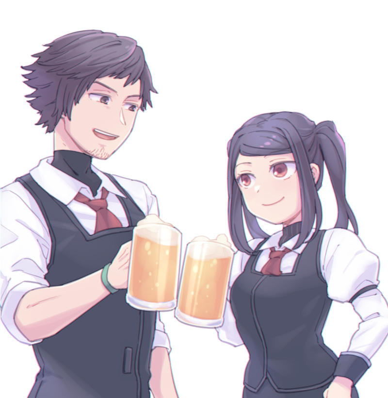 1boy 1girl :d alcohol beard beer beer_mug black_hair facial_hair gillian_(va-11_hall-a) jill_stingray open_mouth simple_background sleeves_rolled_up smile teeth turtleneck twintails uniform va-11_hall-a vest white_background y_(35504109)