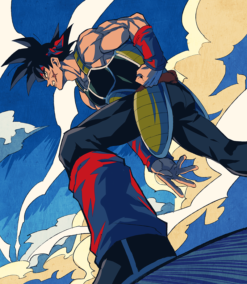 1boy armor arms_at_sides bardock biceps black_eyes black_hair black_legwear blue_sky clenched_hand clouds cloudy_sky day domo_ura dragon_ball dust dutch_angle facial_scar fighting_stance from_below frown full_body looking_away male_focus muscle outdoors profile scar scar_on_cheek serious sky spiky_hair wristband