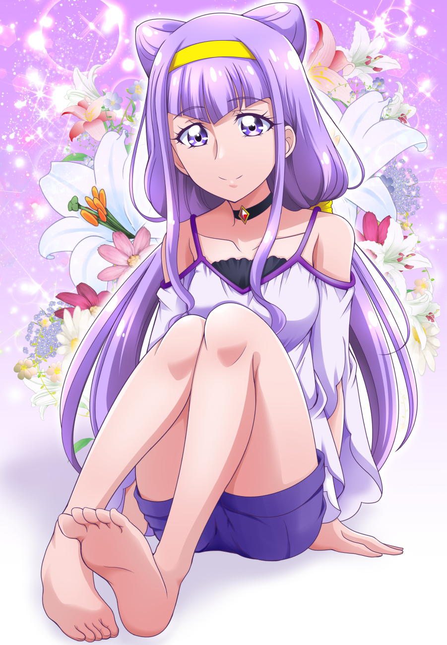 1girl arms_behind_back bangs barefoot choker closed_mouth collarbone eyebrows_visible_through_hair flower full_body hairband hanzou highres hugtto!_precure long_hair looking_at_viewer off-shoulder_shirt off_shoulder precure purple_hair purple_shorts ruru_amour shiny shiny_hair shirt short_shorts shorts sitting smile soles solo sparkle tied_hair twintails very_long_hair violet_eyes white_flower white_shirt yellow_hairband