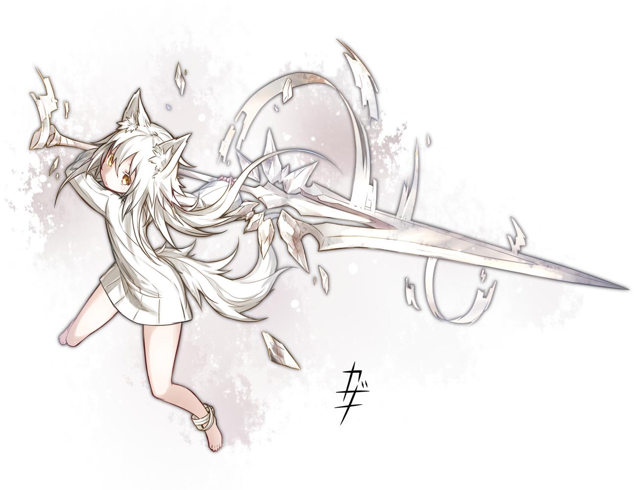 1girl animal_ears attack bare_legs barefoot dress huge_weapon kazana_(sakuto) long_hair long_sleeves original oversized_object saku_(kazana) sweater sweater_dress sword tail weapon white_hair wolf_ears wolf_tail yellow_eyes