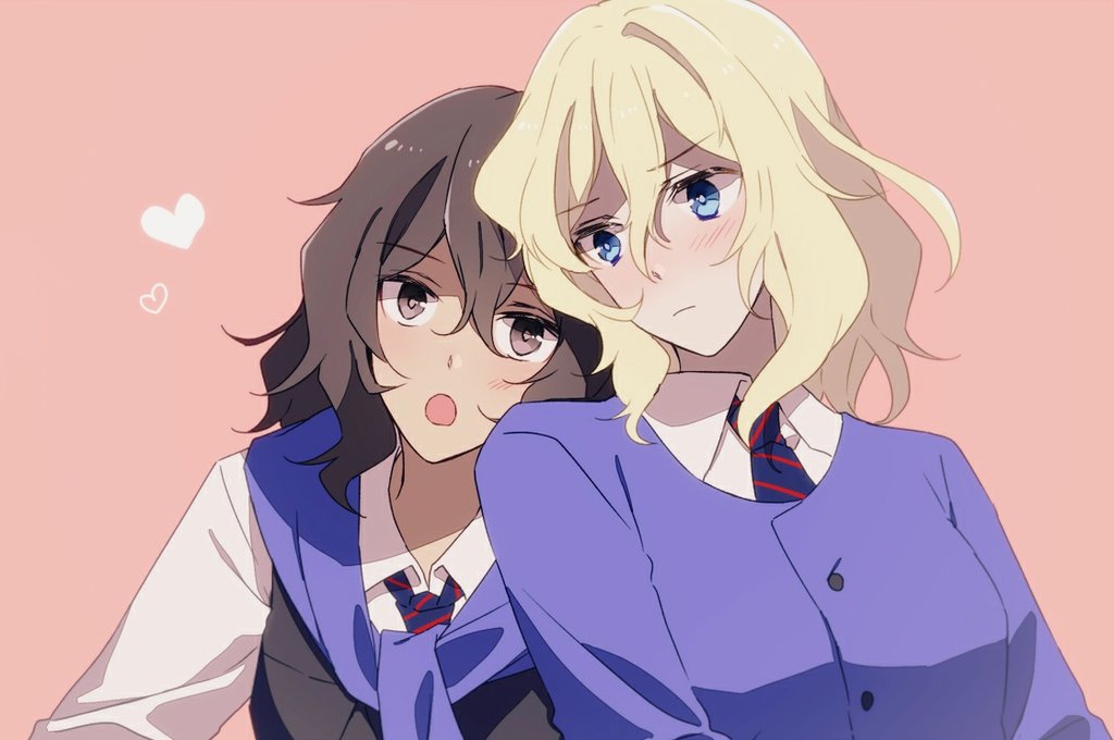 2girls amazuki_jou andou_(girls_und_panzer) bangs bc_freedom_school_uniform black_hair black_vest blonde_hair blue_eyes blue_neckwear blue_sweater blush brown_eyes cardigan commentary dark_skin diagonal_stripes dress_shirt eyebrows_visible_through_hair frown girls_und_panzer heart leaning_on_person leaning_to_the_side long_sleeves looking_at_another looking_at_viewer medium_hair messy_hair multiple_girls necktie open_mouth oshida_(girls_und_panzer) pink_background red_neckwear school_uniform shirt side-by-side striped striped_neckwear sweater sweater_around_neck vest white_shirt wing_collar yuri