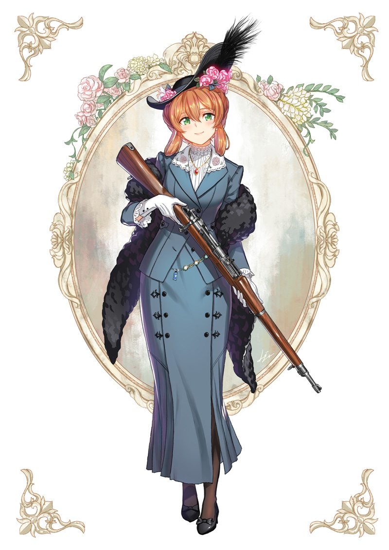 1girl alternate_costume bangs black_footwear black_headwear blue_dress blue_jacket blush bow brown_hair buttons closed_mouth commentary dress eyebrows_visible_through_hair facing_viewer flower full_body girls_frontline gloves green_eyes gun hair_between_eyes hat holding holding_gun holding_weapon jacket jewelry kws long_hair long_sleeves looking_at_viewer m1903_springfield m1903_springfield_(girls_frontline) pantyhose rifle rose shoes simple_background smile solo standing weapon white_gloves