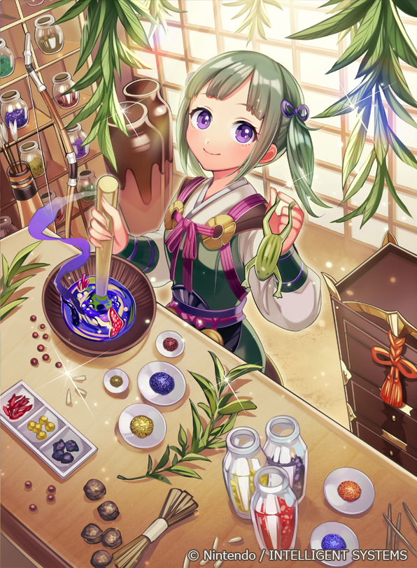 1girl animal arrow bangs bottle bow bow_(weapon) bowl chest_of_drawers closed_mouth cute eyebrows_visible_through_hair fingernails fire_emblem fire_emblem_cipher fire_emblem_fates fire_emblem_if frog green_hair hair_ribbon holding holding_animal indoors intelligent_systems japanese_clothes kimono leaf loli long_sleeves matsurika_youko midori_(fire_emblem) mushroom nintendo official_art pot puffy_long_sleeves puffy_sleeves purple_ribbon ribbon smile solo sparkle standing twintails violet_eyes watermark weapon white_kimono