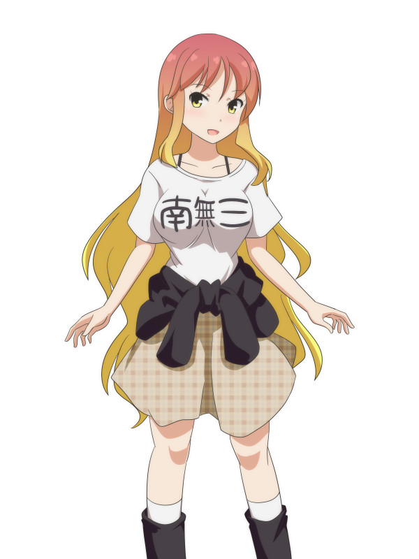 1girl :d alternate_costume beige_skirt black_footwear blonde_hair boots bra_strap breasts brown_hair cato_(monocatienus) clothes_around_waist clothes_writing commentary contemporary gradient_hair hijiri_byakuren knee_boots kneehighs long_hair looking_at_viewer medium_breasts multicolored_hair namusanbou open_mouth plaid plaid_skirt shirt short_sleeves simple_background skirt smile solo touhou translated unmoving_pattern very_long_hair wavy_hair white_background white_legwear white_shirt yellow_eyes