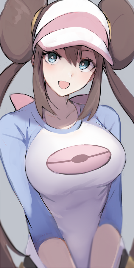 1girl :d blue_background blue_eyes blush breasts brown_hair collarbone commentary_request double_bun hair_between_eyes impossible_clothes impossible_shirt large_breasts long_hair looking_at_viewer mei_(pokemon) mobu open_mouth pantyhose poke_ball_symbol pokemon pokemon_(game) pokemon_bw2 raglan_sleeves revision shirt sidelocks simple_background smile solo twintails visor_cap