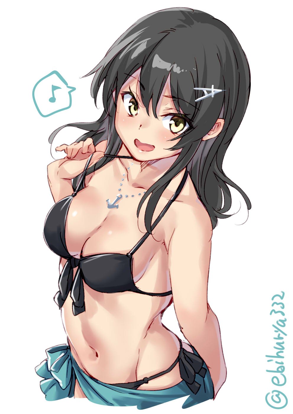 1girl alternate_costume anchor_necklace bangs bare_shoulders bikini black_hair blush breasts collarbone commentary_request ebifurya eyebrows_visible_through_hair front-tie_top hair_between_eyes hair_ornament hairclip highres jewelry kantai_collection long_hair looking_at_viewer medium_breasts musical_note navel necklace open_mouth oyashio_(kantai_collection) sarong side-tie_bikini simple_background smile solo speech_bubble standing swimsuit swimsuit_pull twitter_username white_background yellow_eyes