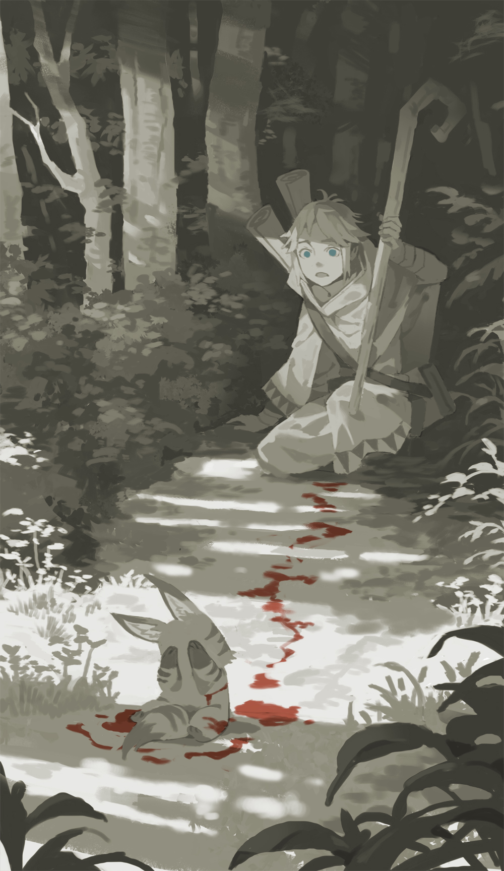 1boy animal bandages bleeding blood blood_trail blue_eyes crying forest greyscale highres holding holding_staff kneeling male_focus monochrome nature original parted_lips sawana scroll solo spot_color staff tree