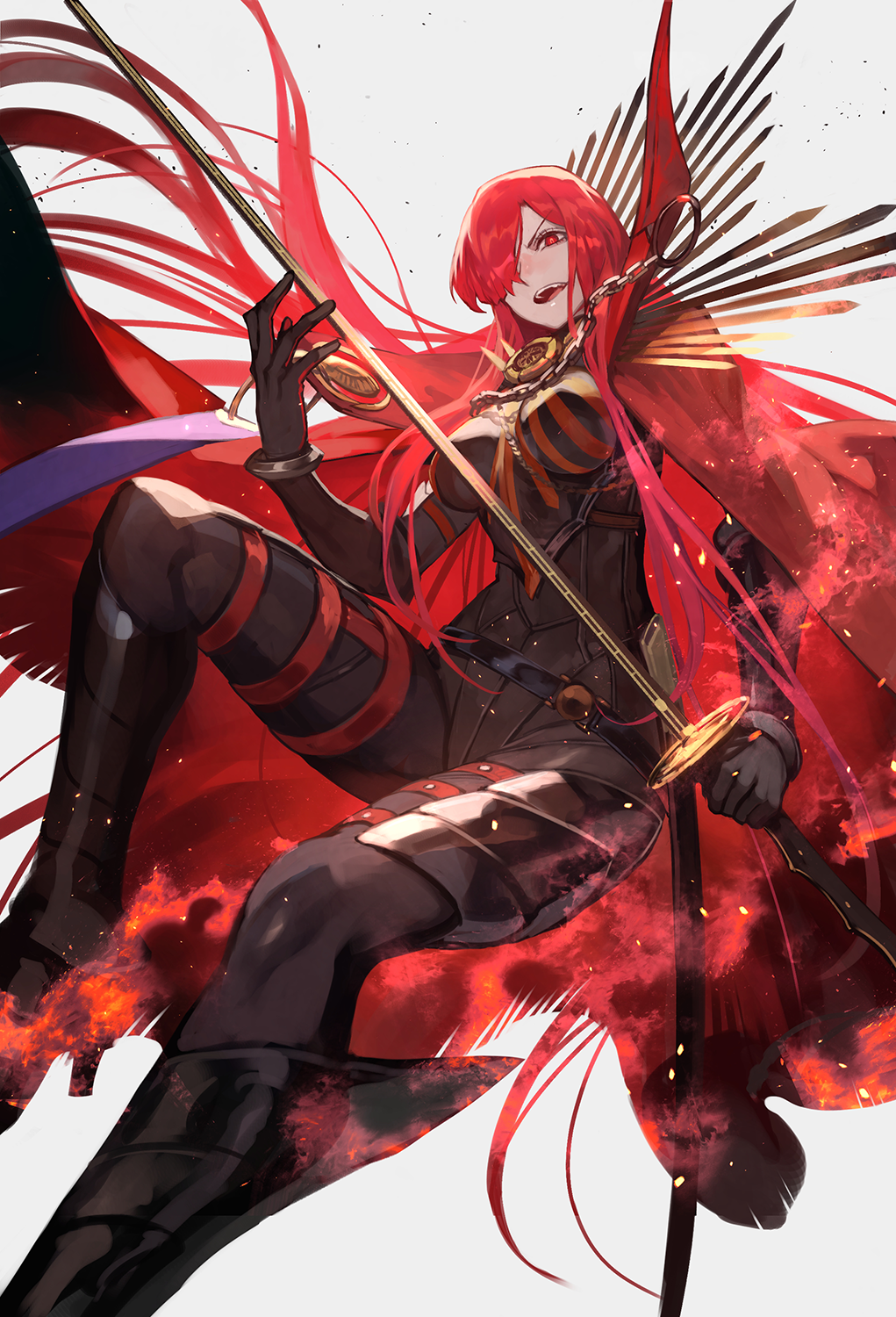 1girl :d belt black_gloves bodysuit boots breasts cape chain fate/grand_order fate_(series) gloves hair_over_one_eye highres holding holding_sword holding_weapon lack long_hair looking_at_viewer oda_nobunaga_(fate) oda_nobunaga_(maou_avenger)_(fate) open_mouth red_eyes redhead smile solo sword teeth very_long_hair weapon