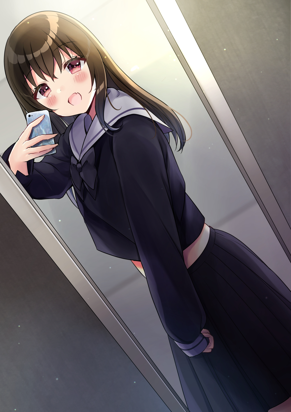 1girl :d bangs black_bow black_serafuku black_shirt black_skirt blush bow brown_hair cellphone commentary_request dutch_angle eyebrows_visible_through_hair fang fingernails grey_skirt hair_between_eyes highres holding holding_cellphone holding_phone long_hair long_sleeves minami_saki mirror open_mouth original phone pinching_sleeves pleated_skirt red_eyes reflection school_uniform self_shot serafuku shirt skirt sleeves_past_wrists smile solo standing