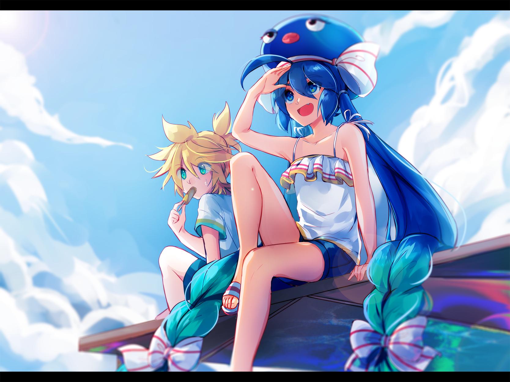 1boy 1girl :d absurdly_long_hair ahoge bare_shoulders blonde_hair blue_eyes blue_hair blue_headwear blue_shorts bow braid camisole character_request clouds day eating ei_flow eyes_visible_through_hair fang food hair_between_eyes hair_bow highres len letterboxed long_hair open_mouth ponytail popsicle short_shorts short_sleeves shorts siting sky slippers smile summer sweatdrop twin_braids very_long_hair