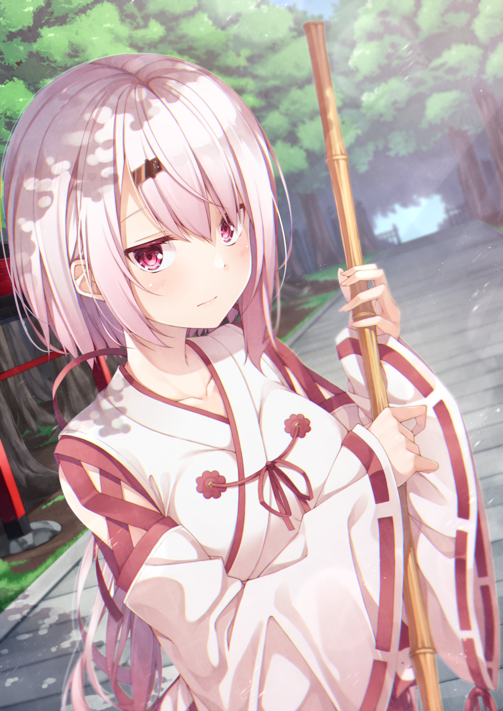 1girl asymmetrical_hair bamboo_broom bangs blush breasts broom detached_sleeves forest hair_ornament hair_ribbon hairclip highres holding holding_broom japanese_clothes long_hair long_ponytail looking_at_viewer low_ponytail medium_breasts miko nature nijisanji outdoors path pink_eyes pink_hair ponytail ribbon road shiina_yuika solo tree very_long_hair virtual_youtuber wide_sleeves yuuri_nayuta