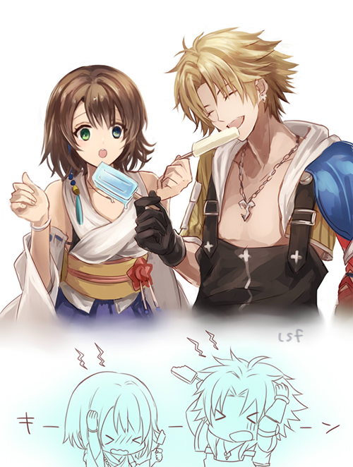 1boy 1girl blonde_hair blue_eyes brain_freeze breasts brown_hair closed_eyes detached_sleeves final_fantasy final_fantasy_x food gloves green_eyes hakama heterochromia ice_cream japanese_clothes jewelry necklace open_mouth sasanomesi short_hair simple_background smile tidus white_background yuna_(ff10)