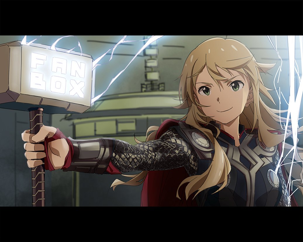 1girl blonde_hair cosplay electricity green_eyes hammer hoshii_miki idolmaster looking_at_viewer marvel mjolnir tagme taku1122 text_focus thor_(marvel) thor_(marvel)_(cosplay) weapon