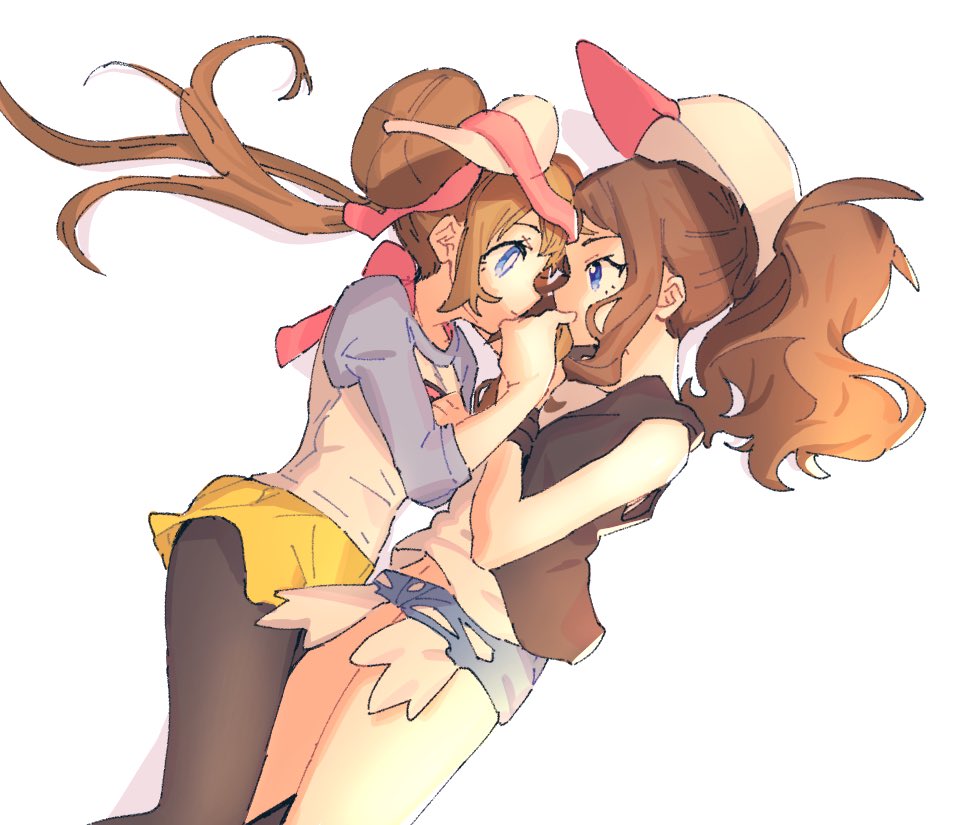 2girls ankea_(a-ramo-do) bangs baseball_cap black_legwear black_vest black_wristband blue_eyes blush breasts brown_hair cheek_poking cutoffs denim denim_shorts double_bun eye_contact face-to-face finger_to_mouth forehead-to-forehead hair_between_eyes hat legs legs_folded long_hair looking_at_another mei_(pokemon) midriff multiple_girls navel on_floor pantyhose pokemon pokemon_(game) pokemon_bw pokemon_bw2 poking shorts simple_background smile spread_legs touko_(pokemon) vest visor white_background yuri