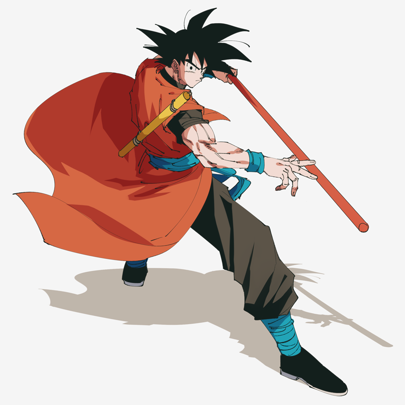 1boy adapted_costume alternate_costume biceps black_eyes black_footwear black_hair boots clothes_lift domo_ura dragon_ball dragon_ball_heroes fighting_stance fingernails frown gradient gradient_background grey_background holding holding_weapon legs_apart looking_away male_focus nyoibo serious shadow simple_background son_gokuu spiky_hair weapon white_background