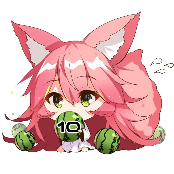 1girl animal_ear_fluff animal_ears bangs barefoot chibi commentary_request covered_mouth dress eyebrows_visible_through_hair flying_sweatdrops food fox_ears fox_girl fox_tail fruit green_eyes hair_between_eyes holding holding_food long_hair long_sleeves original pink_hair sidelocks simple_background sitting solo tail tail_raised very_long_hair watermelon white_background white_dress wide_sleeves yuuji_(yukimimi)