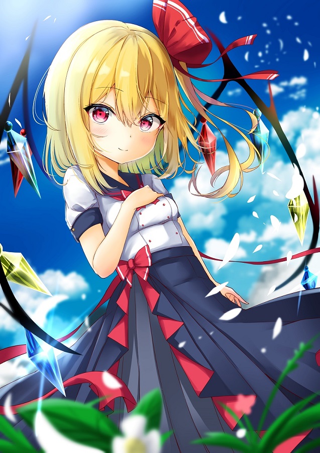 1girl alternate_costume bangs blue_skirt blue_sky blurry_foreground blush breasts clouds commentary_request cowboy_shot crystal day eyebrows_visible_through_hair flandre_scarlet flower hair_between_eyes hair_ribbon hand_on_own_chest looking_at_viewer no_hat no_headwear one_side_up outdoors red_ribbon renka_(cloudsaikou) ribbon shirt short_hair skirt sky small_breasts smile solo standing touhou white_flower white_shirt wings