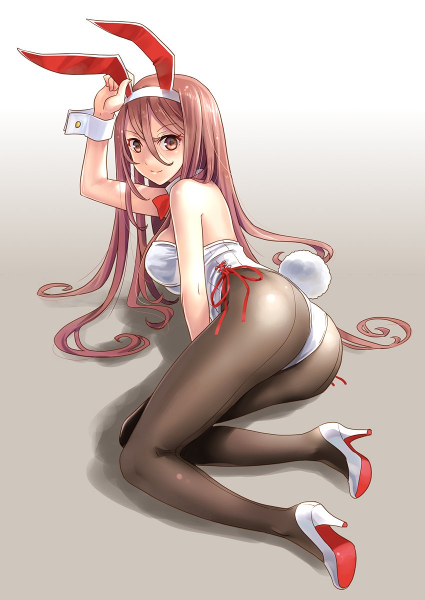 1girl animal_ears bow bowtie brown_eyes brown_hair brown_legwear bunny_tail bunnysuit commentary_request detached_collar gradient gradient_background hair_between_eyes high_heels highres katahira_masashi leotard long_hair looking_at_viewer lying on_side original pantyhose rabbit_ears red_neckwear solo strapless strapless_leotard tail white_background white_footwear white_leotard wrist_cuffs