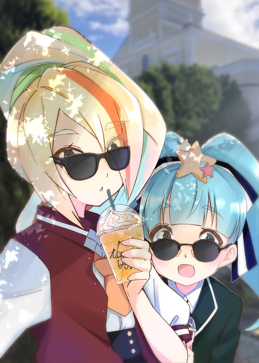 2girls :o aqua_hair bangs black_jacket blonde_hair blue_ribbon blue_sky blunt_bangs blurry blurry_background building clouds cloudy_sky commentary_request cup dappled_sunlight day depth_of_field disposable_cup dress_shirt drinking_straw eyebrows_visible_through_hair eyes_visible_through_hair hair_ornament hair_over_one_eye hair_ribbon highres holding holding_cup hoshikawa_lily jacket letterman_jacket long_hair looking_at_viewer looking_over_eyewear multicolored_hair multiple_girls neckerchief nikaidou_saki open_clothes open_jacket open_mouth orange_neckwear outdoors parted_lips ponytail red_jacket ribbon shirt sky smile standing star star_hair_ornament streaked_hair sunglasses sunlight toon_(noin) twintails white_shirt zombie_land_saga