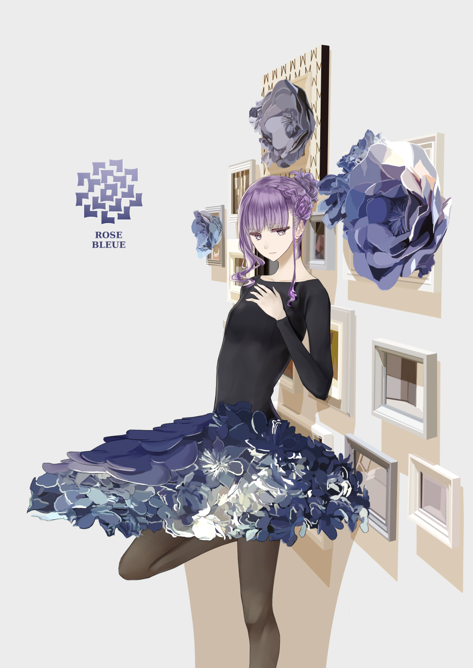 1girl ballerina bangs blue_theme braid breasts chef_no_kimagure_salad closed_mouth collarbone curly_hair feet_out_of_frame flower flower_skirt frame hair_bun hand_on_own_chest highres leg_up long_sleeves looking_down original pantyhose purple_hair sidelocks skin_tight skirt small_breasts solo standing standing_on_one_leg violet_eyes